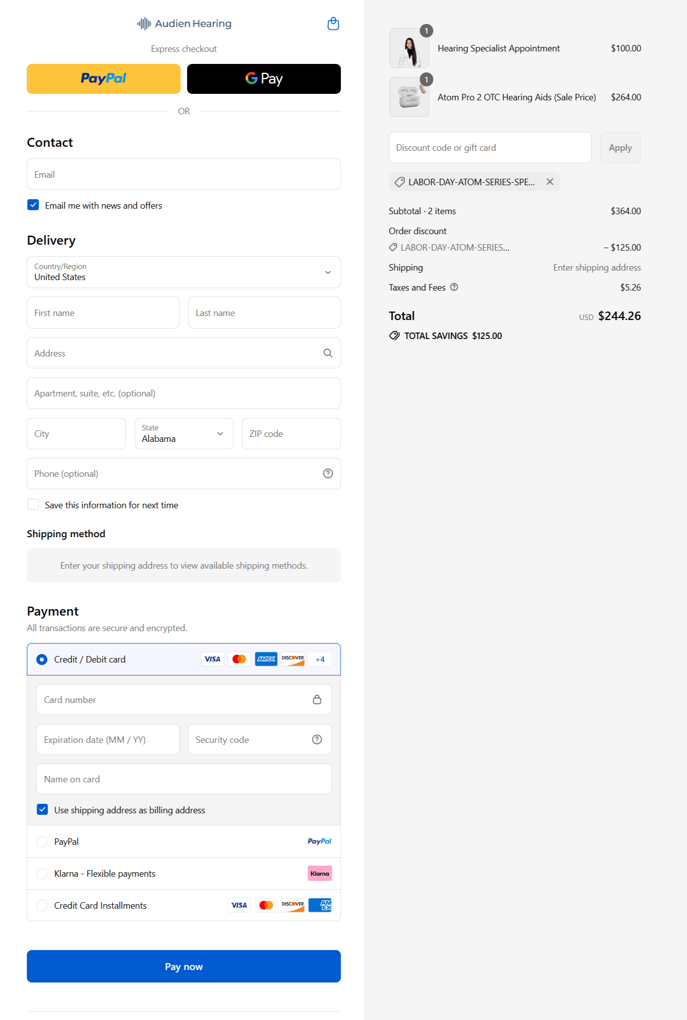 Audien Hearing Aids checkout page
